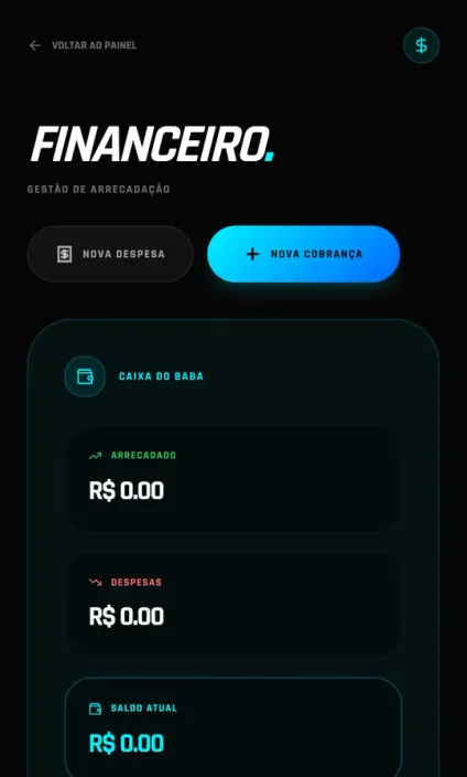 Tela financeira do Draft Play com caixa do baba, arrecadado, despesas e saldo atual