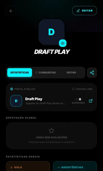 Perfil público de jogador no Draft Play com estatísticas, conquistas e botão de copiar link